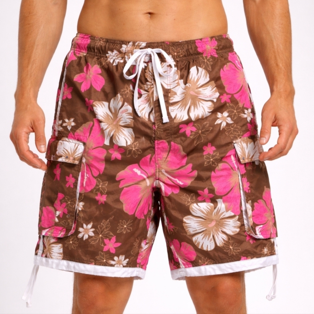 Ingear Men's Hibiscus Floral Board Shorts Brown Pink Cargo Swim Trunks XXL